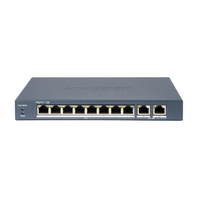 Switch Unmanaged 10 porturi HIKVISION DS-3E0310P-E/M(B), 8 PoE Fast Ethernet + 2 RJ45 Gigabit, buget PoE 80 W