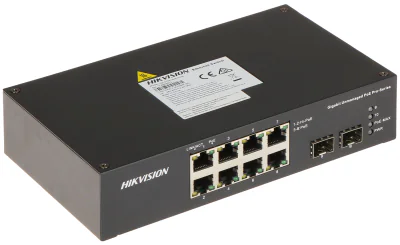 Switch Unmanaged 10 porturi HIKVISION DS-3T0510HP-E/HS, 8 PoE + 2 SFP Gigabit, buget PoE 110 W