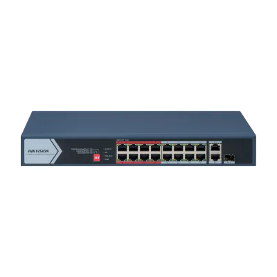 Switch Unmanaged 17 porturi HIKVISION DS-3E0318P-E/M(C), 16 PoE Fast Ethernet + 1 RJ45 Gigabit, buget PoE 130 W