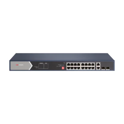 Switch Unmanaged 20 porturi HIKVISION DS-3E0520HP-E, 16 PoE + 2 RJ45 + 2 SFP Gigabit, buget PoE 225 W