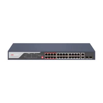 Switch Unmanaged 24 porturi HIKVISION DS-3E0326P-E(C), 24 PoE Fast Ethernet, buget PoE 370 W