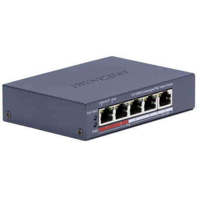 Switch Unmanaged 5 porturi HIKVISION DS-3E0105P-E/M(C), 4 PoE + 1 RJ45 Fast Ethernet, buget PoE 45 W