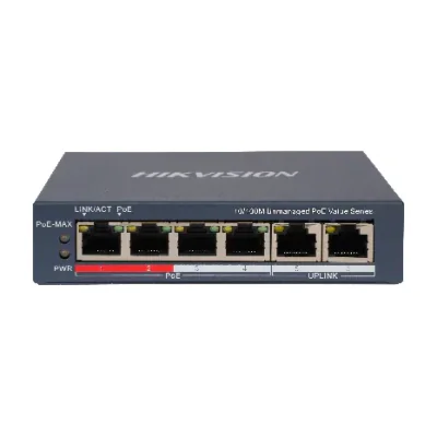 Switch Unmanaged 6 porturi HIKVISION DS-3E0106P-E/M(B), 4 PoE + 2 RJ45 Fast Ethernet, buget PoE 45 W