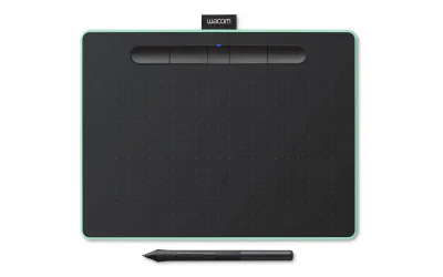 Tableta grafica Intuos M Black, cu Bluetooth, dimensiune 264x200x8.8mm, suprafata activa 216x135mm, rezolutie 2540 lpi, nivele de presiune 4096, fara multi touch, compatibilitate Windows 7, macOS X 10.11, Android 6, Chrome OS 87 sau variante mai noi