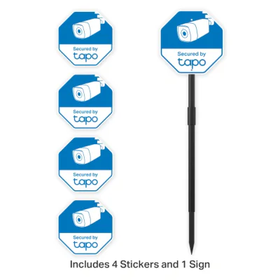 Tapo Security Sign & Sticker Pack SPEC: 1 × Tapo Security Sign, 4 ×  Security Stickers(110mm x 110mm) FEATURE: Bold Warnings for Your Security, Double-Sided Sticker
