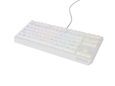 Tastatura gaming mecanica cu fir Genesis Thor 230 TKL, iluminare RGB, switch-uri Brown, 87 taste, 11 butoane multimedia, alb