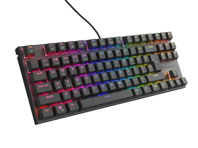 Tastatura gaming mecanica cu fir Genesis Thor 303 TKL, iluminare RGB, switch Linear, switch model Outemu Peach Silent, numar taste 87, 11 butoane multimedia, lungime cablu 1.8m, dimensiuni 355 x 136 x 36 mm, negru