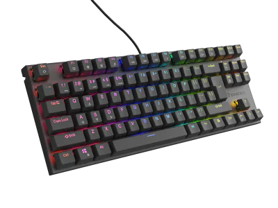 Tastatura gaming mecanica cu fir Genesis Thor 303 TKL, iluminare RGB, switch Linear, switch model Outemu Red, numar taste 87, 11 butoane multimedia, lungime cablu 1.8m, dimensiuni 355 x 136 x 36 mm, negru