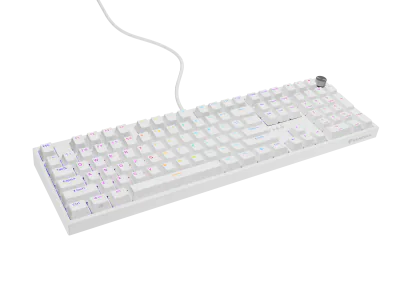 Tastatura gaming mecanica cu fir Genesis Thor 404, iluminare RGB, switch Linear, switch model Gateron Yellow Pro, numar taste 107, 11 butoane multimedia, lungime cablu 1.8m, dimensiuni 439 x 133 x 41 mm, alb