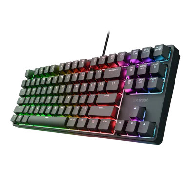 Tastatura gaming mecanica cu fir Trust GXT 864 Cada TKL, iluminare, swithc tactile Huano, numar taste 87, negru
