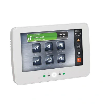 Tastatura LCD color "touchscreen", DSC NEO-TOUCH W, 7" (177.8 mm), meniu interactiv usor de utilizat,  disponibila in carcasa alba sau neagra, terminal IN/OUT, slot SD card pentru FW.   update si rama foto, cititor proximitate inclus, compatibil cu t