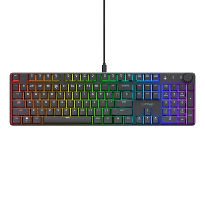 Tastatura mecanica Trust GXT 866 Torix cu fir, swtich linear, 104 butoane, full RGB, butoane programabile, tipuri de jocuri FPS, MMO, MOBA, RPG, RTS, negru