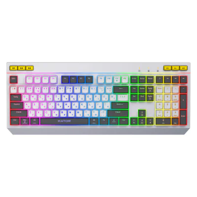 Tastatura membrana cu fir Hator Icefall, conectivitate USB, polling rate 1000Hz, iluminare RGB pentru 8 zone diferite, tip switch membrana, material taste ABS cu gravare laser si acoperire UV, alb