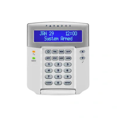 Tastatura Paradox K32LCD+ LCD - 32 zone, pe fir; compatibilitate: SP, MG Stay D; LCD cu etichete programabile; 32 zone pe fir, 2 partitii; actualizare firmware local, utilizând 307USB și InField; 1 zonă de tastatură; zone tip clopoțel setabile indepe