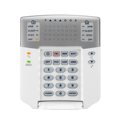 Tastatura Paradox LED K32+ -32 zone, pe fir; compatibilitate: SP, MG Stay D; LED -uri indicatoare separate de stare pentru 2 partiții: armare totală/somn/parțială/dezarmare; 1intrare de zonă; zone tip clopoțel setabile independent; 7 butoane acțiune 