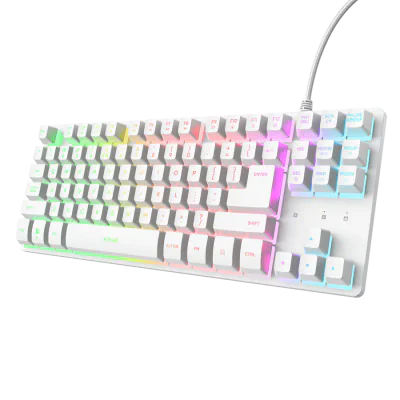 Tastatura Trust cu fir GXT833W Thado TKL, numar butoane 87, interfata USB 2.0, conector USB-A male, compatibila cu PS4, Xbox One, Nintendo Switch, PS5, alb