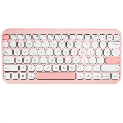 Tastatură wireless ASUS Marshmallow KW100, Bluetooth 5.0, multi-device (3 dispozitive), scissor keys cursă 1,6 mm, 2 niveluri kickstand, 2×AAA autonomie până la ~24 luni, dimensiuni 282×130×18,4 mm, greutate 374,8 g, compatibilă Windows, ChromeOS, ma