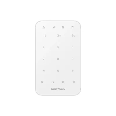 Tastatura wireless AX PRO Hikvision DS-PK1-E-WE, 868MHz two-way Tri-X wireless technology; distanta comunicare RF : 1200min camp deschis; Stay/away arming, disarming, alarm clearing for anumite zone sau pentru toate zonele; One-Push fire alarm, panic