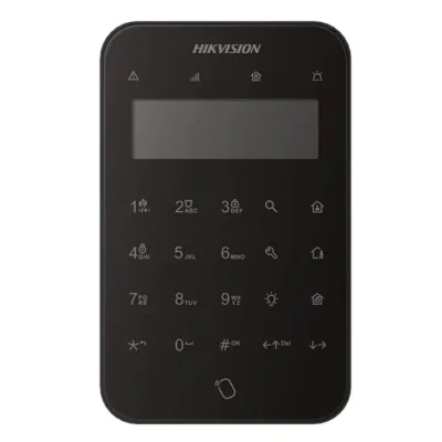 Tastatura wireless LCD AX PRO Hikvision DS-PK1-LT-WE/BK, 868MHz two-way Tri-X wireless technology; distanta comunicare RF : 1200m camp deschis; stay/away arm, disarm, silent alarm, output control; complet configurabil la distanță prin APP; baterii: 4