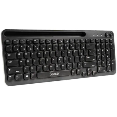 Tastatura wireless SPACER, 102 taste, low profile keycap, suport telefon, 1 baterie AAA inclusa, neagra