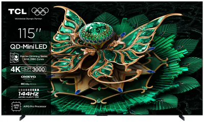 Televizor TCL QD-MiniLED 115C7K, 291 cm, Smart Google TV, 4K Ultra HD ,144Hz, Clasa E, Onkyo