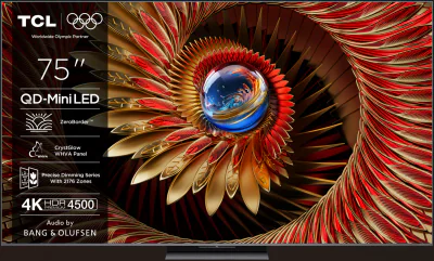 Televizor TCL QD-MiniLED 75Q8C, 189 cm, Smart Google TV, 4K Ultra HD, 144Hz, Bang & Olufsen