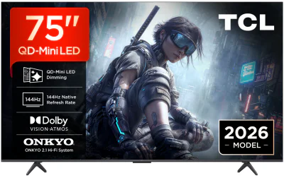 Televizor TCL QD-MiniLED 75T8D, 189 cm, Smart Google TV, 4K Ultra HD, 144Hz, Onkyo