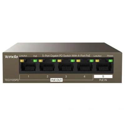 Tenda 5-Port Gigabit PD switch, 4 port POE TEG1105PD, Network standard: IEEE 802.3, IEEE 802.3u, IEEE 802.3x, IEEE 802.3ab, IEEE 802.3af, IEEE 802.3at, Interface: 4*10/100/1000 Base-T Ethernet Ports(Data/PoE OUT), 1 *10/100/1000 Base-T Ethernet Port(