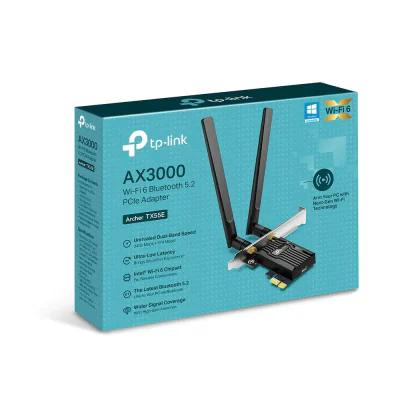 TP-Link Adaptor PCle Wi-Fi 6 AX3000 WI-FI 6 cu Bluetooth 5.2 ARCHER TX55E, 2× Antene Dual-Band High-Gain, Standarde wireless: IEEE 802.11ax/ac/n/a 5 GHz IEEE 802.11ax/n/g/b 2.4 GHz, Bluetooth 5.2/5.0/4.2/4.0, Viteza wireless: 5 GHz-Up to 2402 Mbps, 2