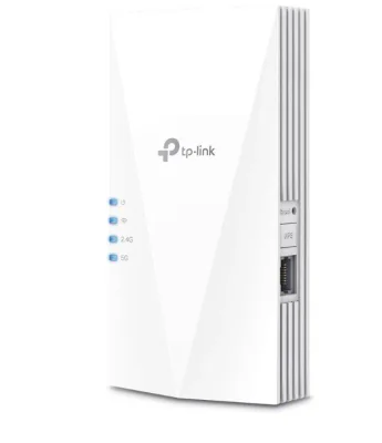 TP-link AX1800 Wi-Fi6 Range Extender, RE600X, Dual-Band, Standarde wireless: IEEE 802.11a/n/ac/ax 5GHz, IEEE 802.11b/g/n/ax 2.4GHz, interfata: 1 x 10/100/1000, Dimensiuni: 78×36×149 mm, 2 x antene interne, viteza wireless: 574 Mbps la 2.4GHz, 1201 Mb