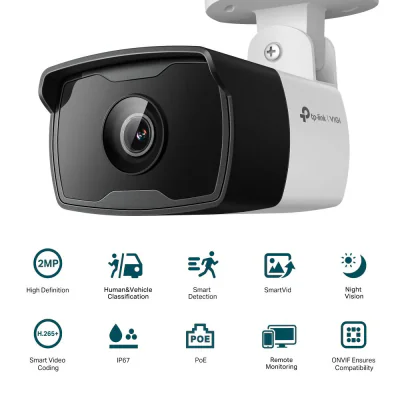 "TP-Link Camera IR de supraveghere Bullet pentru exterior VIGIC320I(4MM), Senzor imagine: CMOS 1/3"", Lentila 2.8mm, F2.2,Weatherproof: IP67, Infrarosu: 30m, Unghi vizualizare:Diagonal FOV: 106.5°, ,, Rezolutie maxima: 2 MPX, 1920 × 1080, Dimensiuni: