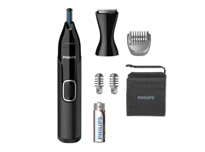 Trimmer pentru nas si urechi PHILIPS NT5650/16, Baterie, Lavabil, Utilizare umed si uscat, Tehnologie Precision Trim, Otel inoxidabil, Pieptene pentru sprancene , 2 piepteni 3-5 mm , Negru, L x A x I (mm) 36x100x190