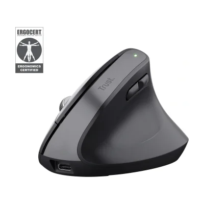 Trust Bayo+, Right-hand, Vertical design, Optical, RF Wireless + Bluetooth, 2400 DPI, Black