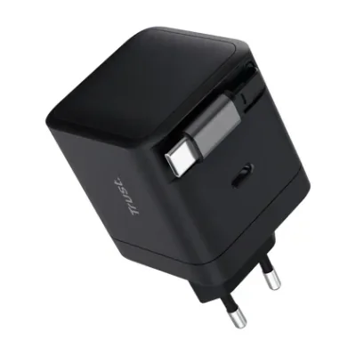 Trust Maxo 65W Retractable USB-C PD Charger, Indoor, AC, 20 V, 0.67 m, Black