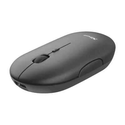 Trust Puck Rechargeable Wireless Ultra-Thin Mouse, Ambidextrous, Optical, RF Wireless + Bluetooth, 1600 DPI, Black
