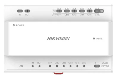 Two Wire Distributor 2-wire IP distributor 6-port 2-wire cascade interfaces without device power supply 2 cascade interfaces for DS-KAD704Y, DS-KAD706Y & DS-KAD706Y-S series 8 interface indicators, 1 RJ-45 Interface, 1 Reset button Din rail mounting,
