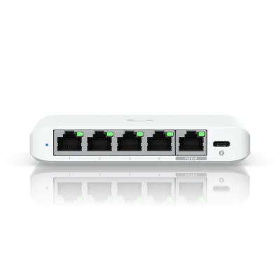 Ubiquiti USW-Flex-2.5G-5, 5 porturi RJ45 1/2.5 GbE, capacitate 25 Gbps, 1 adaptor de alimentare AC, 5V DC, 1A, 1 PoE (PairA 1, 2+; 3, 6-)(PairB 4, 5+; 7, 8-), dimensiuni 117.1 x 90 x 21.2 mm (4.6 x 3.5 x 0.8")