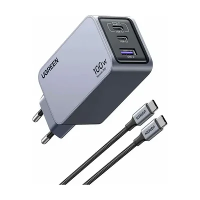 Ugreen Nexode Pro EU 3-Port GaN PD Fast Charger With USB-C Cable, Indoor, AC, Black, Grey