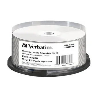 Verbatim BD-R SL 25GB 6x Wide Printable 25 Pack Spindle - No ID Brand, 25 GB, BD-R, Spindle, 25 pc(s)