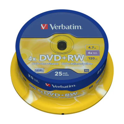 Verbatim DVD+RW Matt Silver, DVD+RW, 120 mm, Spindle, 25 pc(s), 4.7 GB
