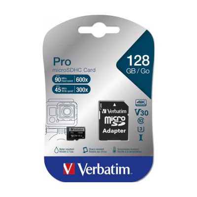 Verbatim Pro, 128 GB, MicroSDXC, Class 10, UHS-I, 90 MB/s, 45 MB/s