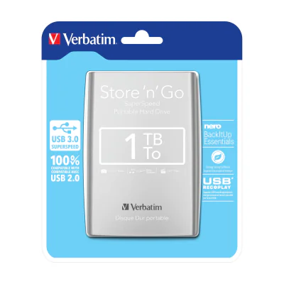 Verbatim Store 'n' Go USB 3.0 Portable Hard Drive 1TB Silver, 1 TB, 2.5", 3.2 Gen 1 (3.1 Gen 1), Silver