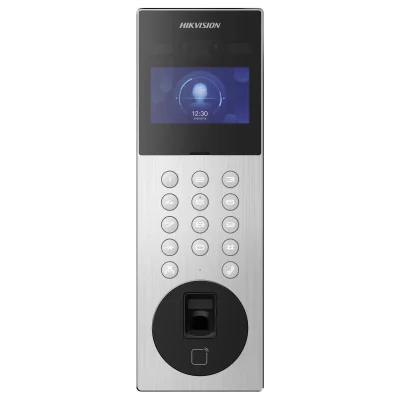 Videointerfon de exterior IP cu recunoastere faciala si amprenta digitala Hikvision DS-KD9203-MFE6, recunoaste pana la 5000 imagini faciale, 5000 amprente digitale, 50000 carduri,10000 utilizatori, deschidere faciala, amprenta si card, configurare re