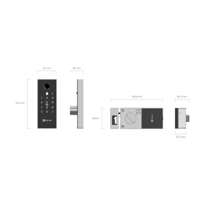 YALA ELECTRONICA EZVIZ DL06 PRO, Comunicare: EZVIZ Connect 2.4G Wi-Fi, Putere de lucru: 4 Baterii AA Alkaline, Temp de functionare: 25 °C to 55 °C, Dimensiuni: Panou frontal:  154mm × 61mm × 18mm, Panoul din spate: 155mm × 76mm × 33.5mm, greutate: 52