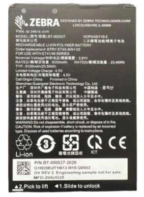 Zebra BTRY-ET401-08INC-01, Battery, Zebra, ” ET401, 3.91 V, 23.46 Wh, Lithium-Ion (Li-Ion)