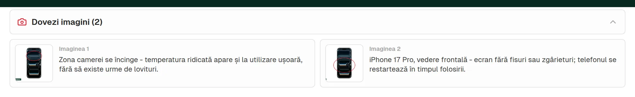 Secțiunea Dovezi imagini dintr-un dosar de service, cu două fotografii ale defectului și descrieri